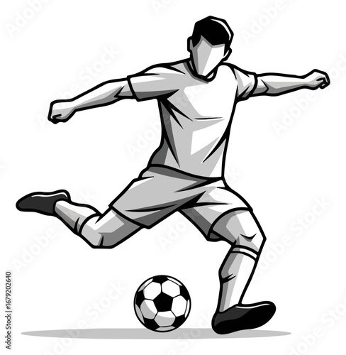Soccer player in action kicking the ball with great power and focus.