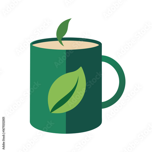 Green tea cup with leaf emblem and steam coffee drink
