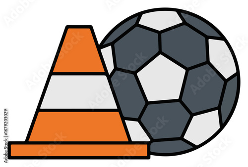 Soccer ball next to traffic cone, sports training equipment.