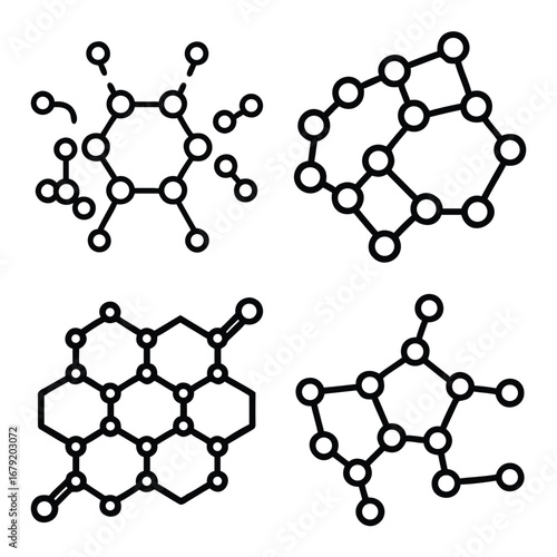 Set of Molecular Structure Icons – Hand Drawn Black and White Chemistry, Organic Compounds, Atomic Bonds, and Scientific Molecule Outline Symbols for Education, Science, and Research Design
