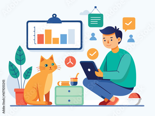 Man and orange cat interact in a bright modern office setting with data visualizations