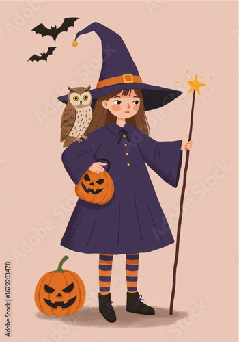 Cute witch with owl and pumpkins.