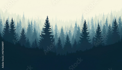 Silhouette of Evergreen Trees in Forest with Gradient Depth