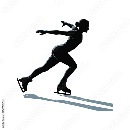 Figure Skating Silhouette Illustration with Dynamic Pose and Shadow on White Background