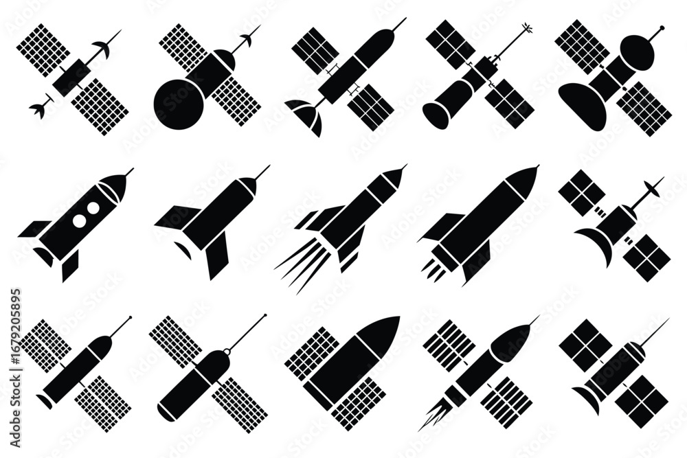 Obraz premium Vector art of set of black silhouettes of satellites and rockets for space exploration and technology concepts around 133 characters