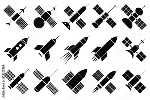 Vector art of set of black silhouettes of satellites and rockets for space exploration and technology concepts around 133 characters