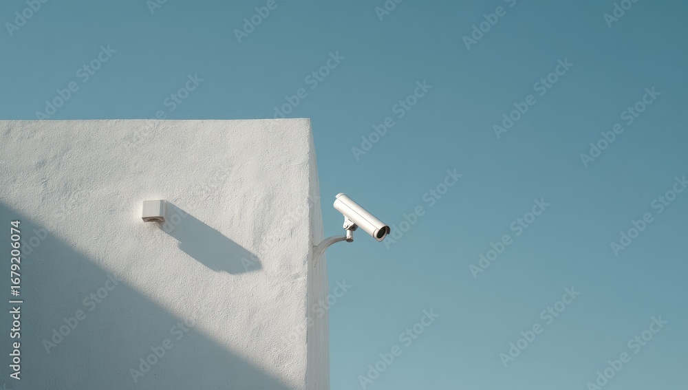 Fototapeta premium Security camera on a white building against a clear sky