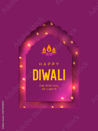 Happy Diwali Festival of Lights greeting card with glowing diya lamps and garlands in 3D layered purple arch with mandala pattern, festive background for holiday celebration. Vector illustration.