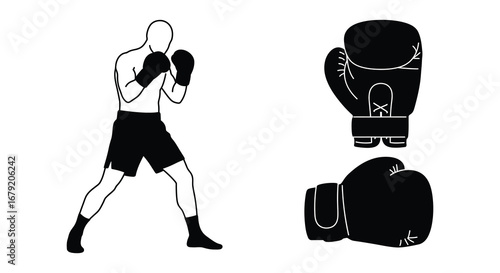 Boxer silhouette in fighting stance with pair of boxing gloves vector illustration