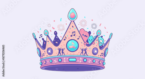 A colorful crown with musical notes and confetti