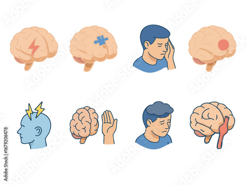 This image is a set of medical illustrations representing neurological and mental health conditions including aneurysm, brain tumor, Alzheimer’s, stroke, depression, Parkinson’s, epilepsy, and migrain