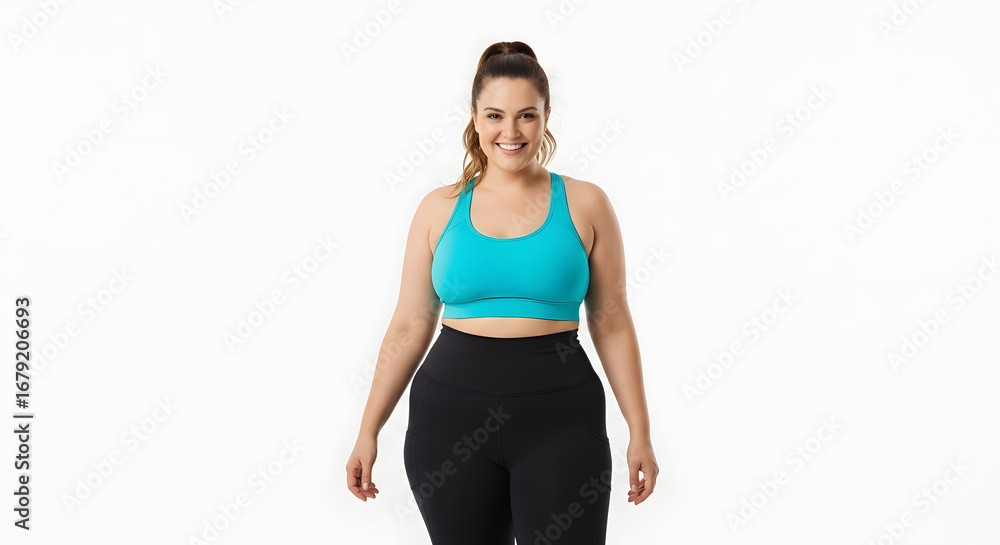 Obraz premium Smiling woman wearing a turquoise sports bra and black leggings poses against a white background.