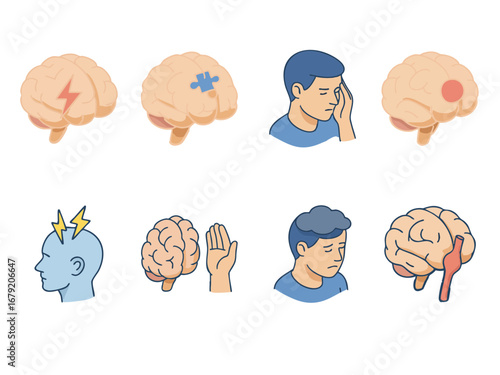 This image is a set of medical illustrations representing neurological and mental health conditions including aneurysm, brain tumor, Alzheimer’s, stroke, depression, Parkinson’s, epilepsy, and migrain
