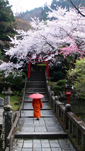 Cherry blossom path with a monk