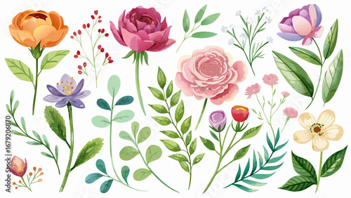 Vector art of watercolor floral set, perfect for wedding invitations, cards, and other creative projects with a touch of elegance