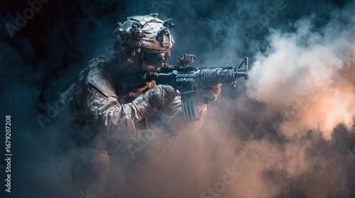 army soldier firing machine gun heavy smoke dramatic background