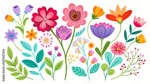 Vector art of a colorful assortment of flowers and leaves, perfect for adding a touch of spring to any design