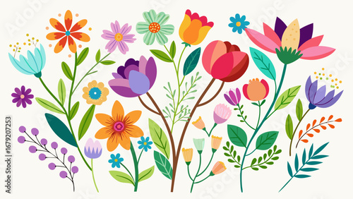 Vector art of colorful floral arrangement with various flowers, leaves, and branches, perfect for spring and summer designs