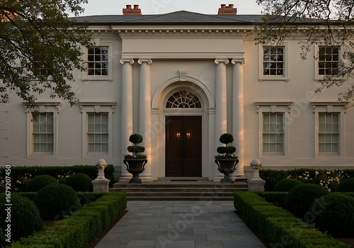 Grand mansion facade with symmetrical design, manicured garden, and topiaries