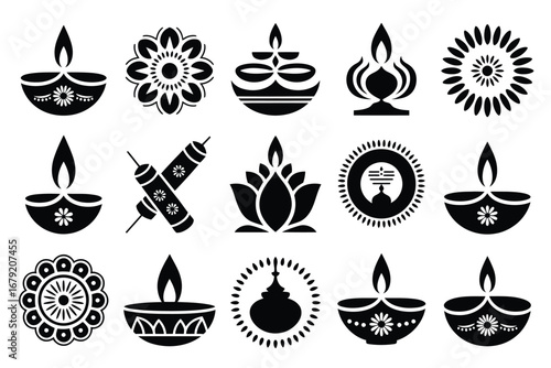Vector art of diwali or deepavali, the hindu festival of lights, is represented by a collection of traditional oil lamp icons