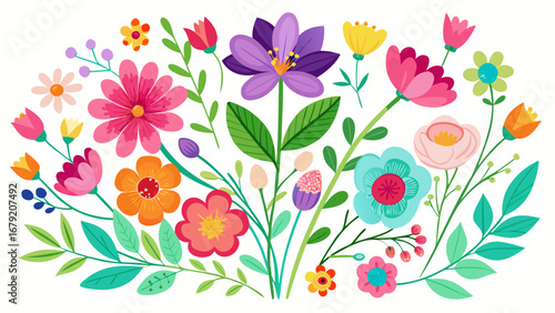Vector art of colorful floral arrangement featuring a variety of blooming flowers, leaves, and decorative elements