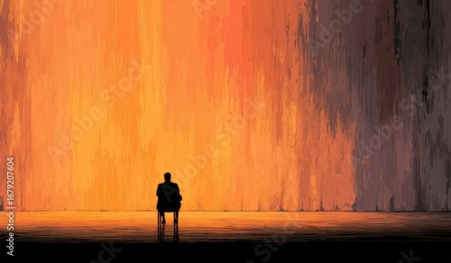 Silhouette figure seated, facing abstract wall