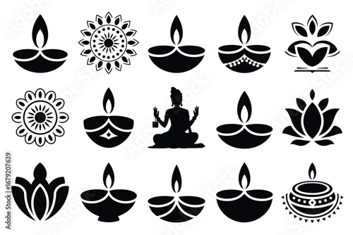 Vector art of diwali or deepavali, the hindu festival of lights, is represented by a collection of traditional oil lamp icons