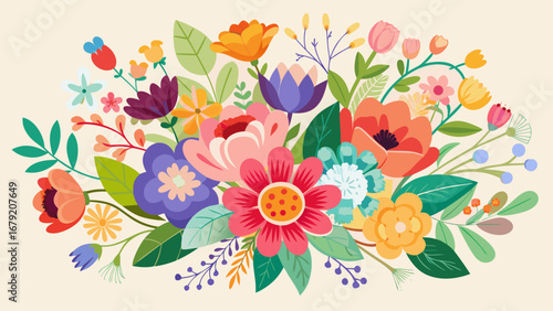 Vector art of a beautiful floral arrangement with various flowers, leaves, and branches, perfect for spring or summer designs, creating a vibrant and colorful scene