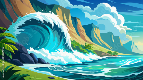 Vector art of a vibrant cartoon illustration of a large wave crashing on a tropical island coast with mountains and lush vegetation under a bright sky