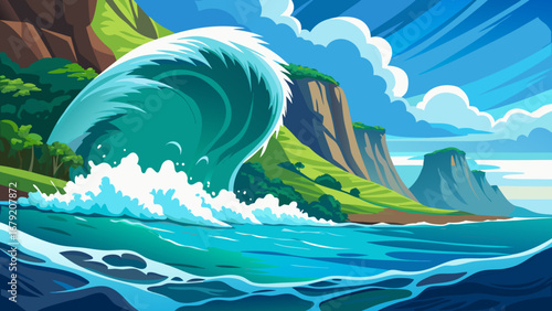 Vector art of cartoon illustration of a large wave crashing on a tropical island coast with mountains and lush vegetation under a partly cloudy sky