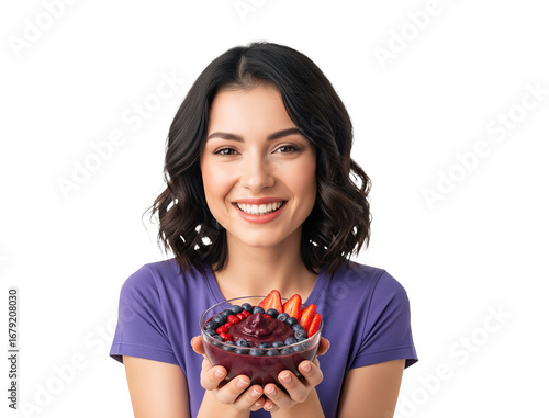 Smiling Woman Holding a Fresh Açaí Bowl with Strawberries and Blueberries on Transparent Background