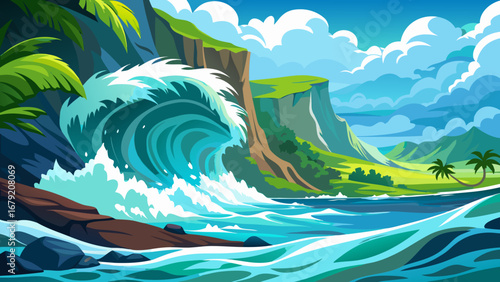 Vector art of a vibrant tropical island scene with a large wave crashing against the rocky shore, lush vegetation, and a clear blue sky with fluffy clouds