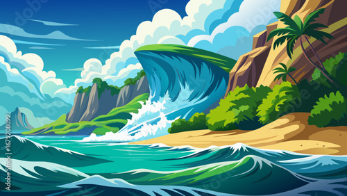 Vector art of a serene tropical beach with turquoise water, crashing waves, lush green cliffs, and a clear blue sky with fluffy white clouds