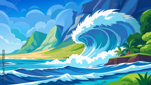 Vector art of a colorful cartoon illustration of a large wave crashing on a tropical beach, with mountains and palm trees in the background