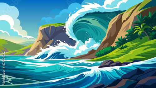 Vector art of a vibrant cartoon illustration of a large wave crashing on a tropical island coast, showcasing the power and beauty of the ocean