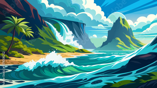 Vector art of a vibrant tropical island landscape with crashing waves, lush greenery, and towering mountains under a bright blue sky with fluffy white clouds