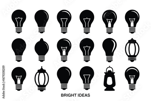 Vector art of collection of black silhouette light bulbs and lanterns for energy, innovation, and bright ideas concepts and designs