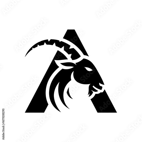 Creative goat logo with letter A horned silhouette, bold animal mascot vector design for identity and corporate branding