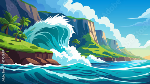 Vector art of a vibrant seascape illustration featuring a large wave crashing against a rocky coastline with lush vegetation and a clear blue sky with fluffy clouds