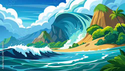 Vector art of a vibrant tropical island landscape with a large wave crashing on the shore, showcasing a beautiful beach and lush greenery under a bright sky