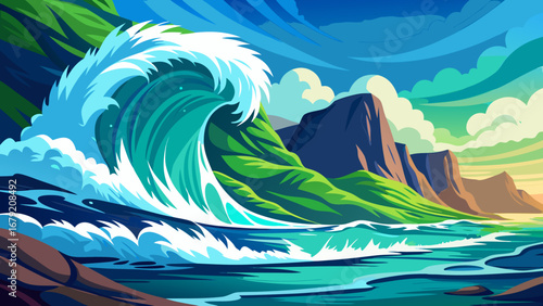 Vector art of a dynamic illustration of a large wave crashing against a lush, rocky coastline under a bright sky, capturing the power and beauty of the ocean