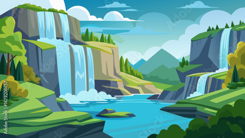 Vector art of scenic waterfall landscape with mountains, trees, and a clear river flowing through the valley, creating a beautiful and idyllic nature scene