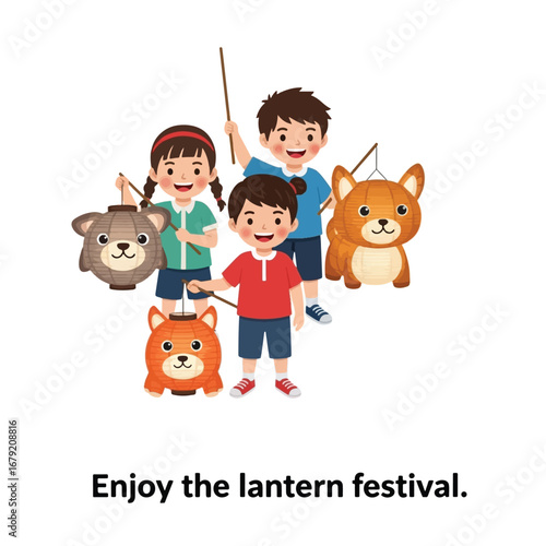 Three happy Asian children celebrating the Lantern Festival with cute animal-shaped lanterns on a white background.