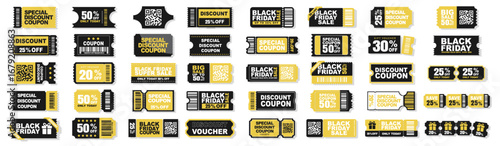 Black friday sale discount coupon voucher ticket set with percent gift promotion on transparent background
