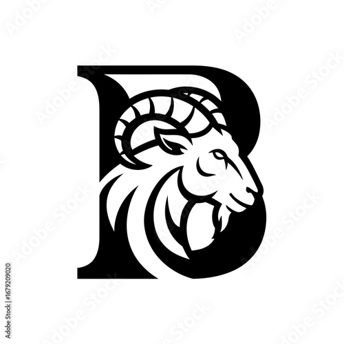 Letter B goat logo with detailed horn silhouette, strong animal emblem design for modern branding identity