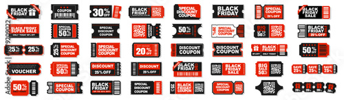 Black friday sale discount coupon voucher ticket set with percent gift promotion on transparent background