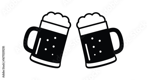 Two Beer Mugs Toasting in Black and White Line Art Illustration