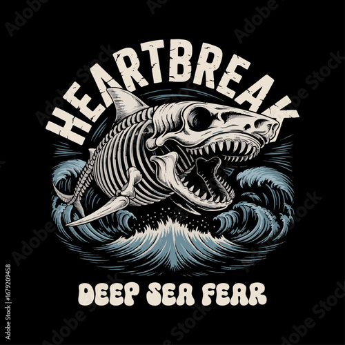  Shark Skeleton Illustration Vintage Ocean Waves Horror T-shirt Design Vector, Shark t-shirt design, easily editable.
