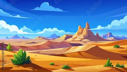 Vector art of serene desert landscape featuring rolling sand dunes and distant mountains under a clear blue sky, capturing the tranquility of the arid region