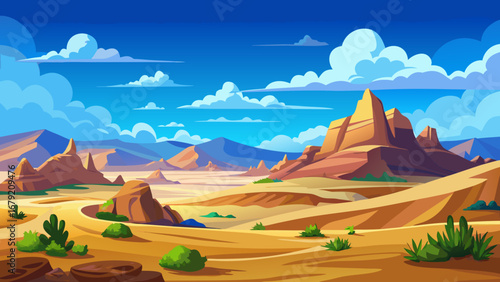 Vector art of vast desert landscape with towering rock formations under a bright blue sky, showcasing the beauty and serenity of the arid environment